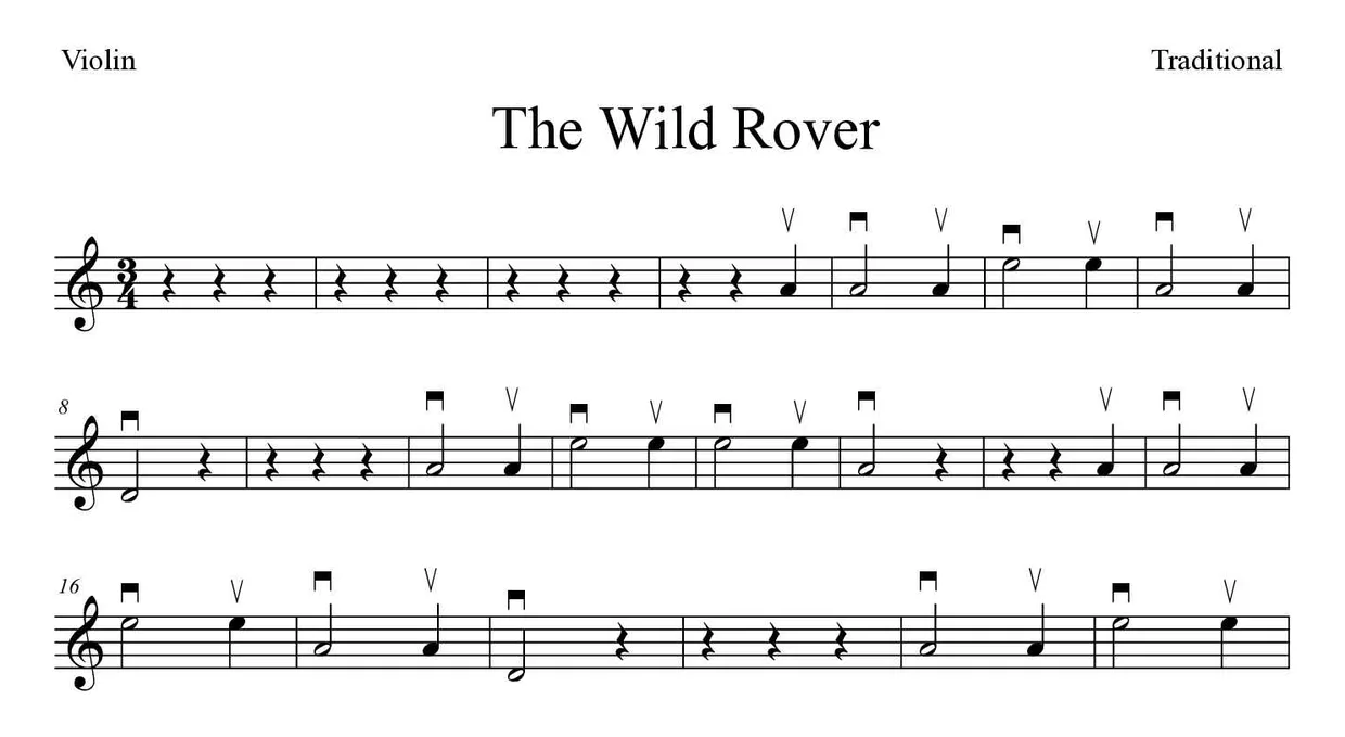 Partitura de The Wild Rover para violín, primeras líneas
