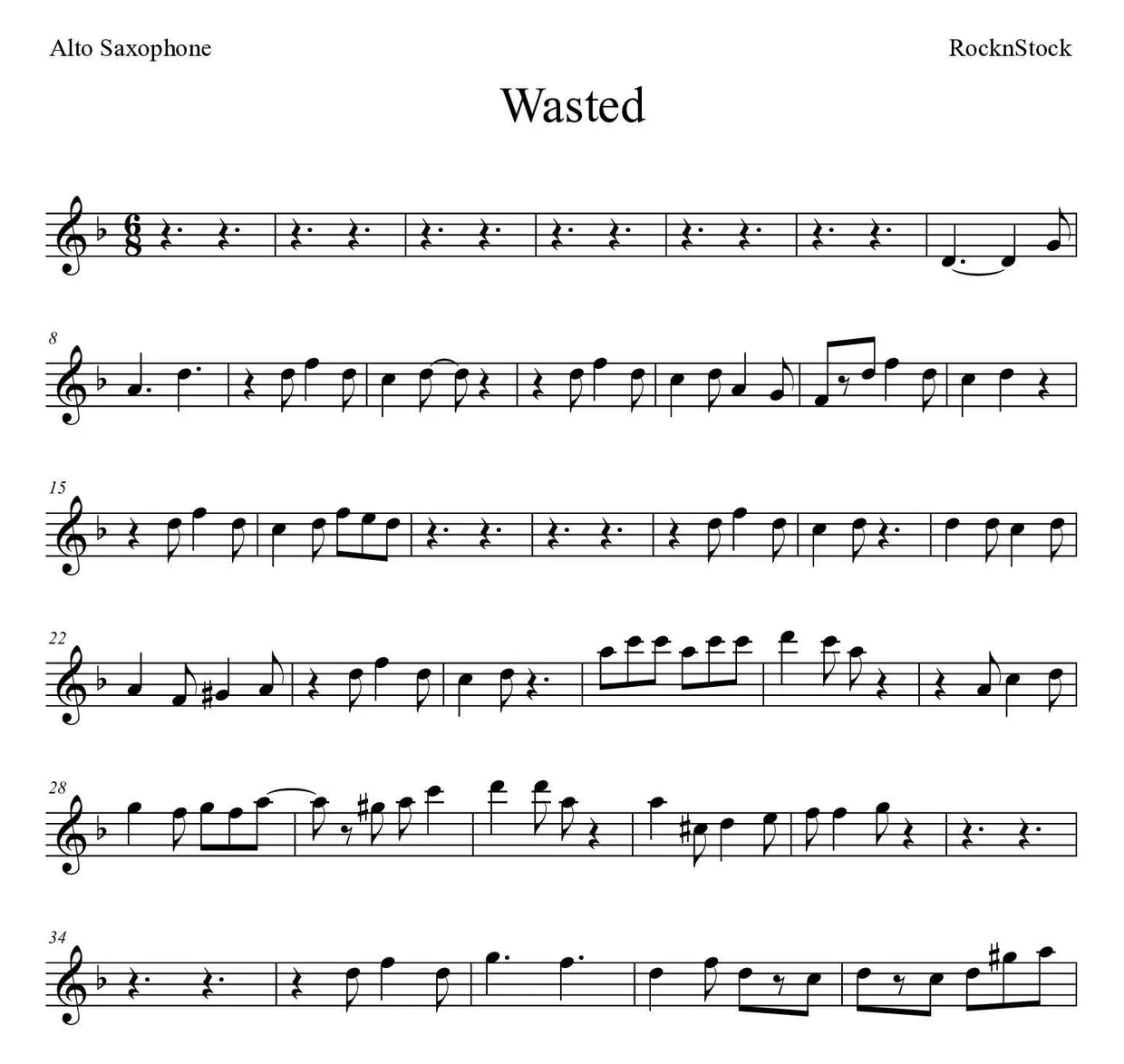 Noten von Wasted für Altsaxophon (Schwer), erste Zeilen