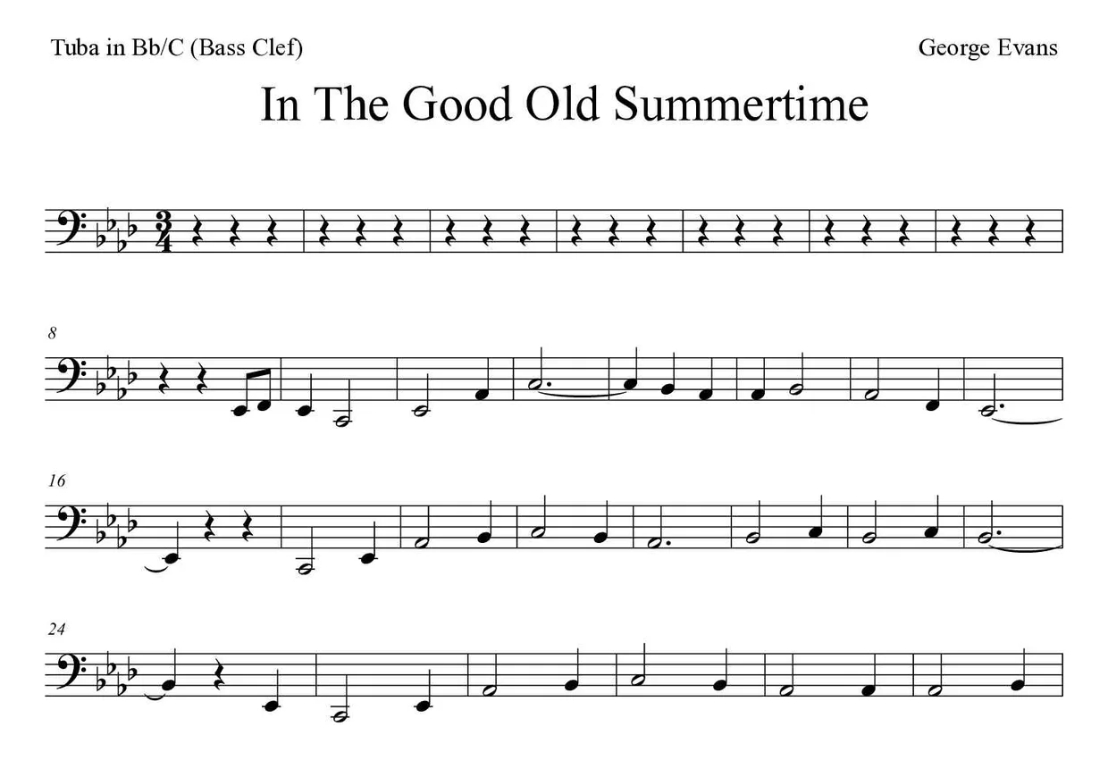 「In The Good Old Summertime」Tuba in Bb/C (Bass Clef)用楽譜の最初の数段