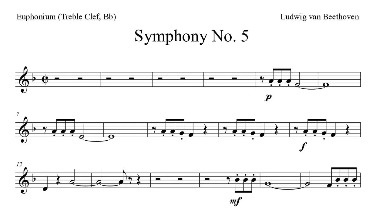 Partitura de Symphony No. 5 para eufónio (clave de Sol, Sib), primeiras linhas