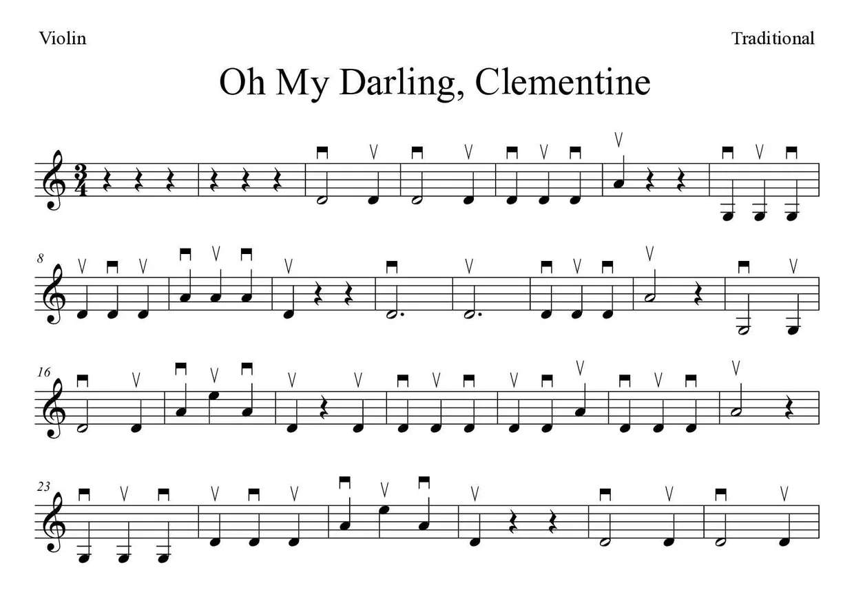 Bladmuziek van Oh My Darling, Clementine voor violin, eerste regels