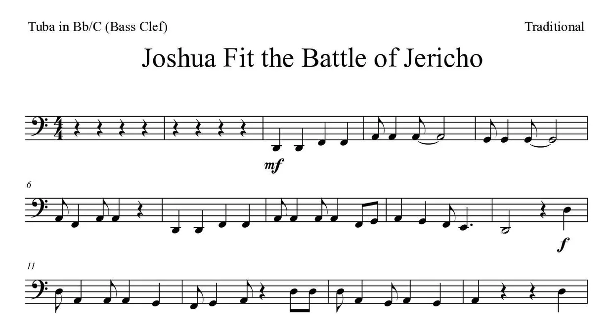 Sheet music of Joshua Fit the Battle of Jericho for tuba in Bb/C (bass clef) (Medium), first lines