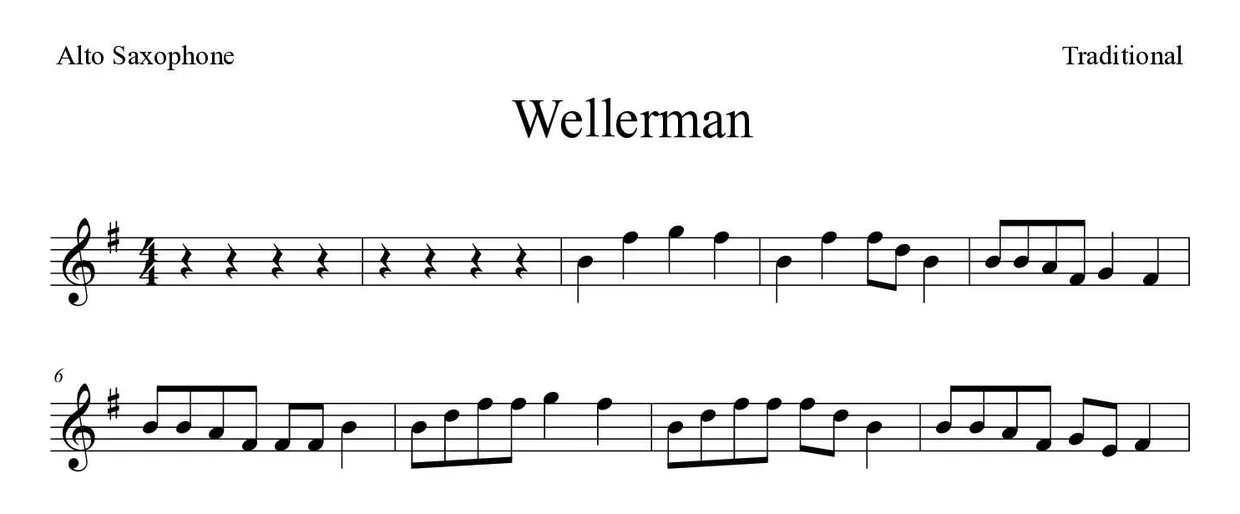 Partitura de Wellerman para alto saxofone, primeiras linhas