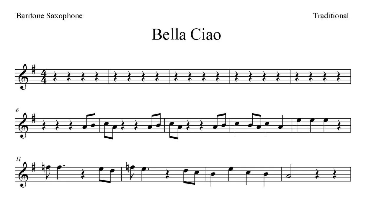 「Bella Ciao」Baritone Saxophone用楽譜の最初の数段