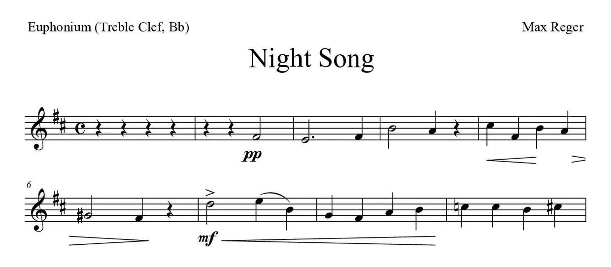 《Night Song》上低音号（高音谱号，降B调）乐谱前几行