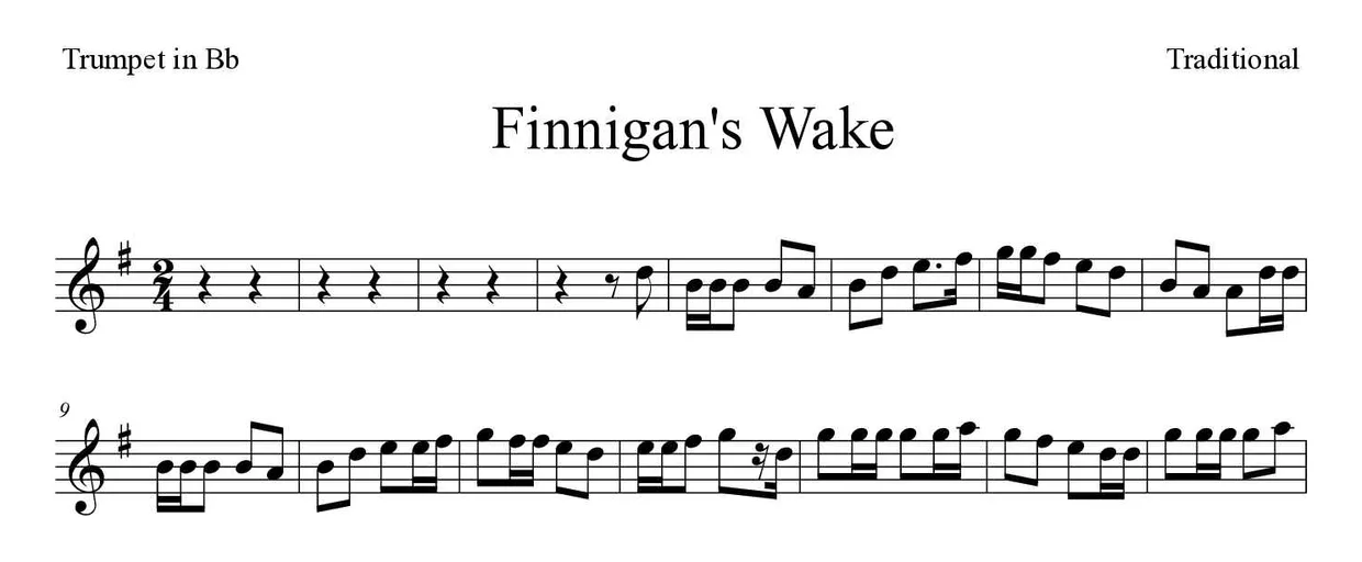 「Finnigan's Wake」Trumpet in Bb用楽譜の最初の数段