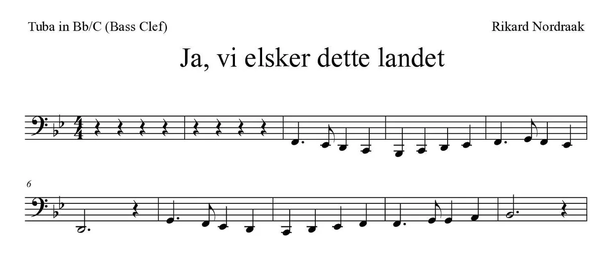 《Ja, vi elsker dette landet》降B/C调大号（低音谱号）乐谱前几行