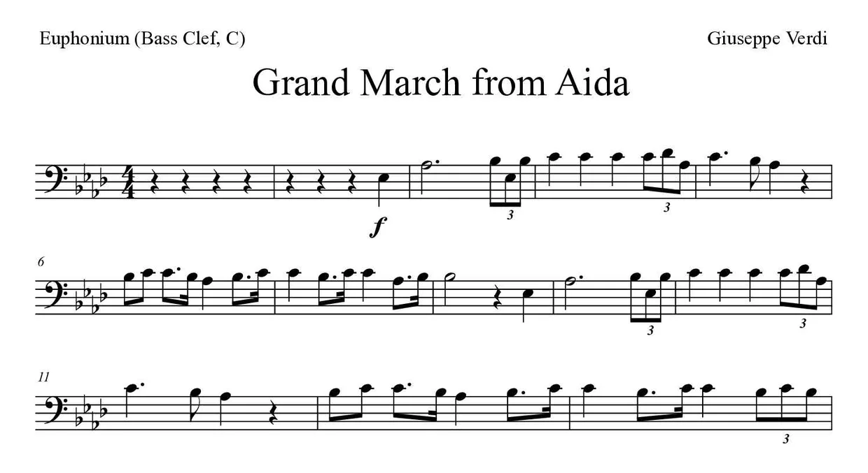 Partitura de Grand March from Aida para bombardino (clave de Fa, C), primeras líneas
