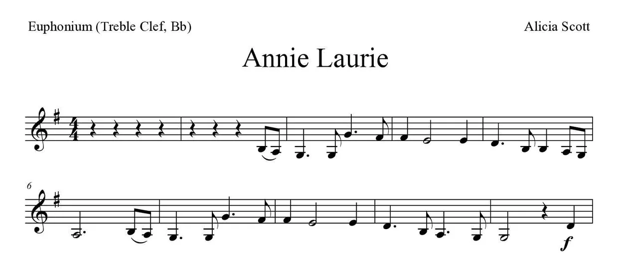 「Annie Laurie」Euphonium (Treble Clef, Bb)用楽譜の最初の数段