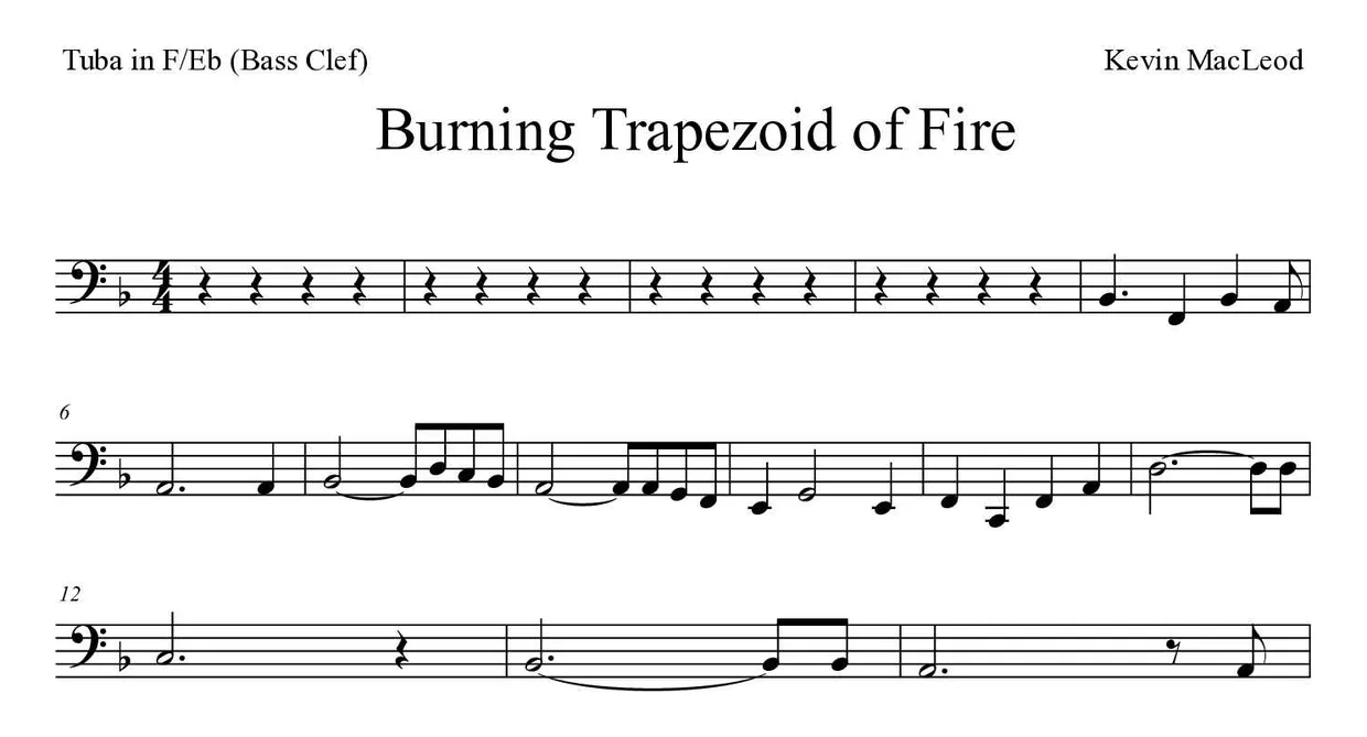 Partition de Burning Trapezoid of Fire pour tuba en fa/mi bémol (clé de fa), premières lignes