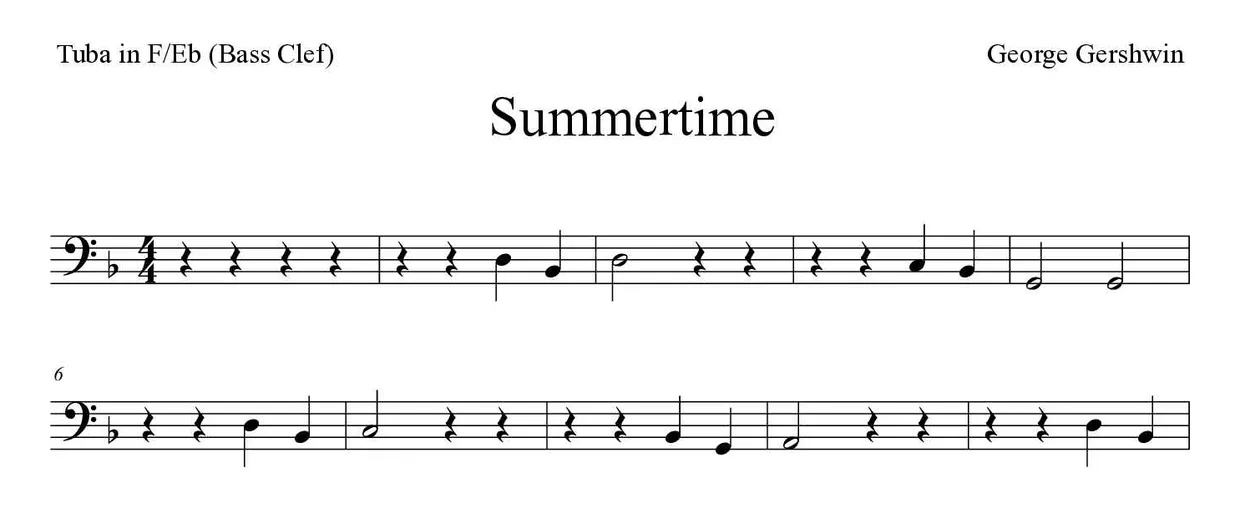 Sheet music of Summertime for tuba in F/Eb (bass clef) (Easy), first lines
