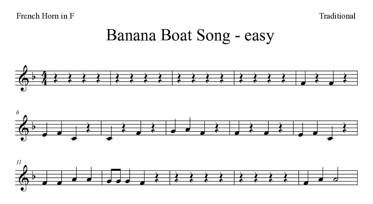 Partitura de Banana Boat Song - easy para trompa, primeras líneas