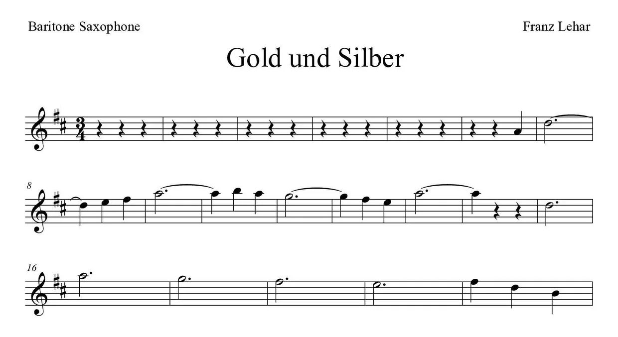 Bladmuziek van Gold und Silber voor baritone saxophone, eerste regels