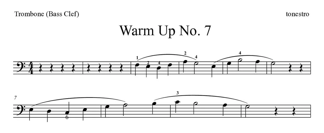 Spartito di Warm Up No. 7 per trombone, prime righe