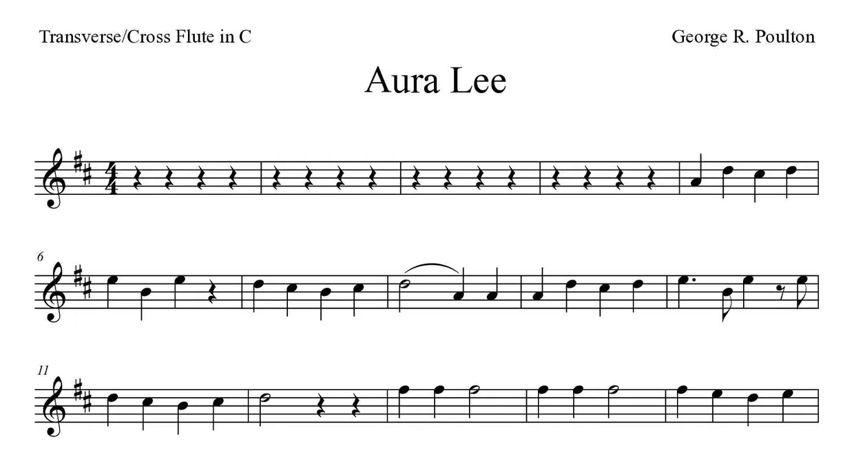 ‘Aura Lee’ Flute 악보의 첫 몇 줄