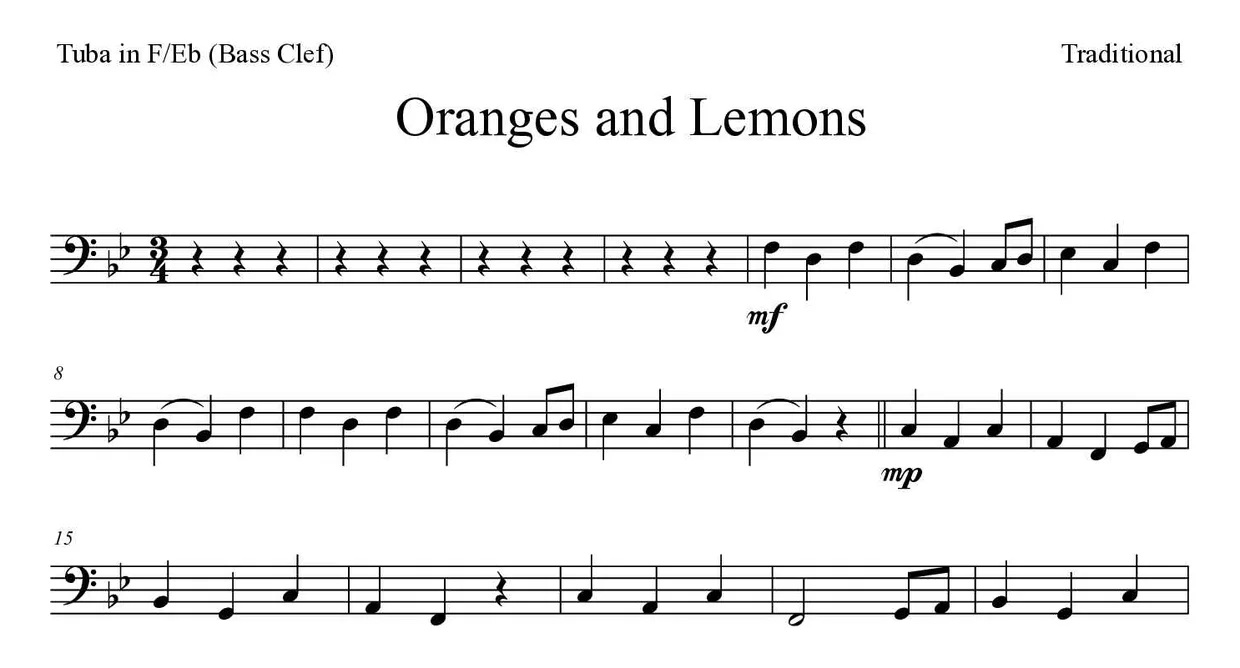 Spartito di Oranges and Lemons per tuba in F/Eb (bass clef), prime righe