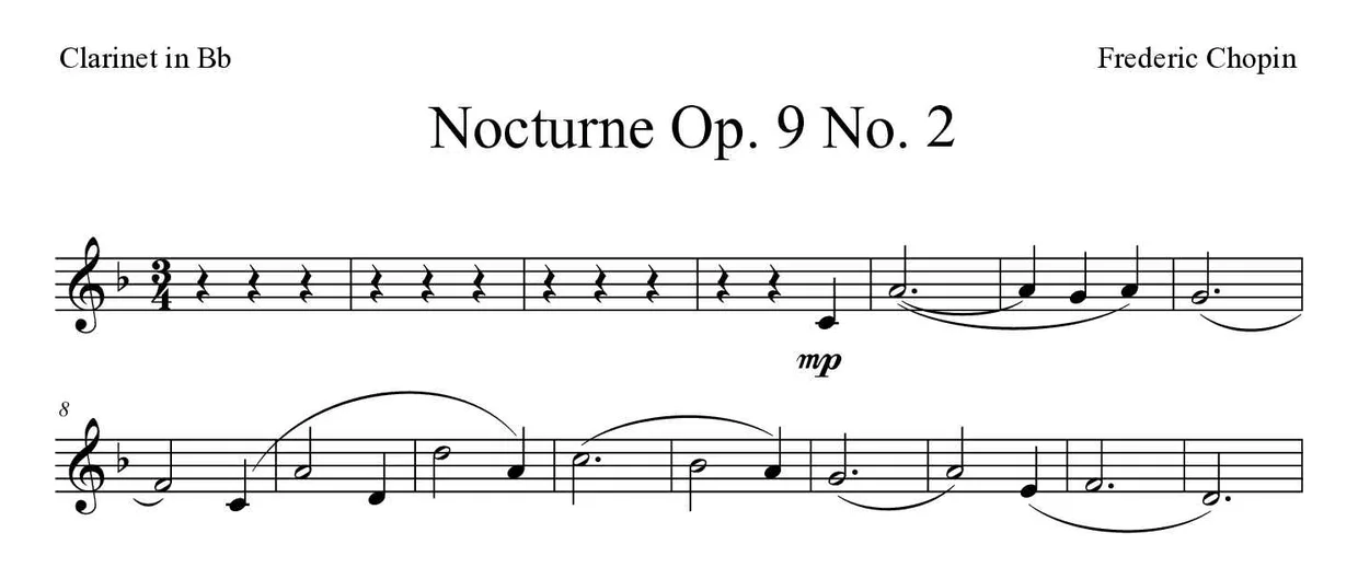 Noten von Nocturne Op. 9 No. 2 für Klarinette (Schwer), erste Zeilen