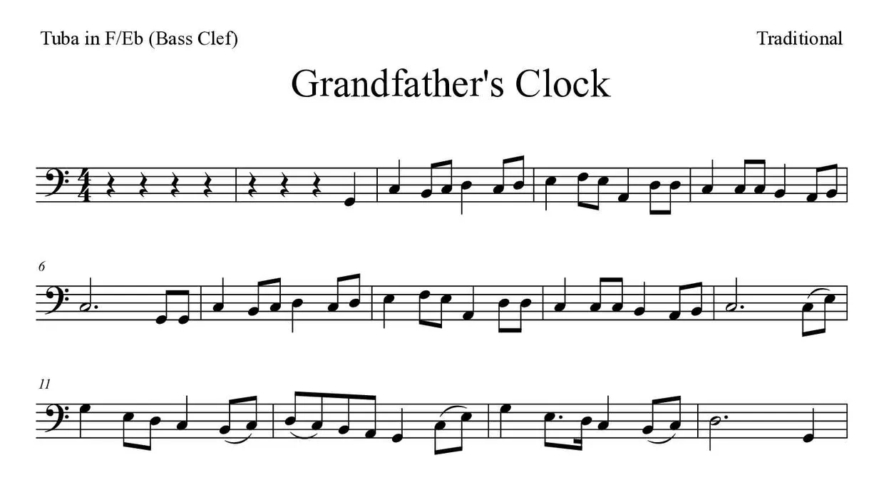 Partitura de Grandfather's Clock para tuba en Fa/Mib (clave de Fa), primeras líneas