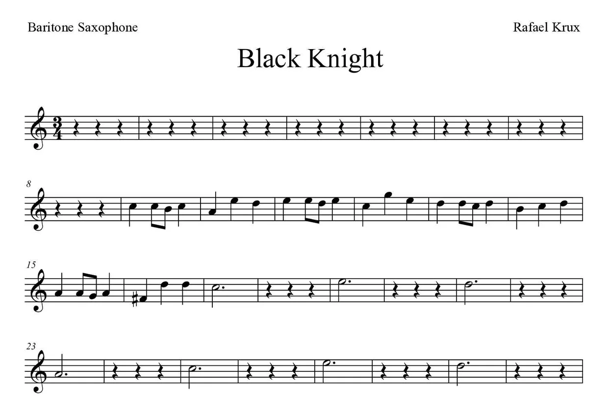 Sheet music of Black Knight for baritone saxophone (Easy), first lines