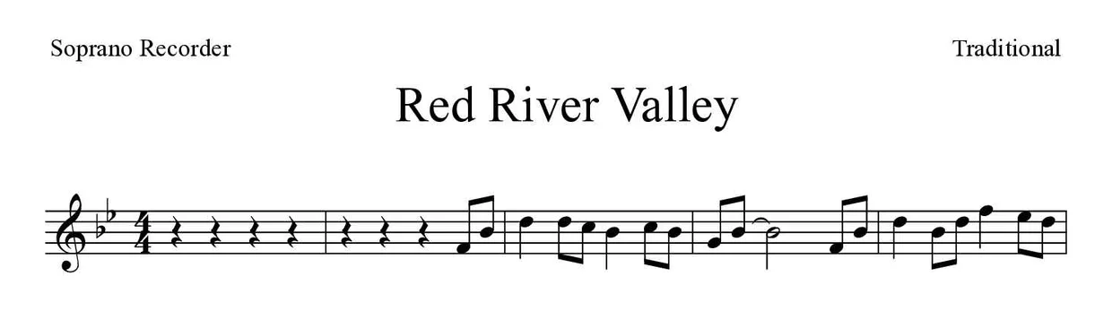 Partition de Red River Valley pour flûte à bec, premières lignes