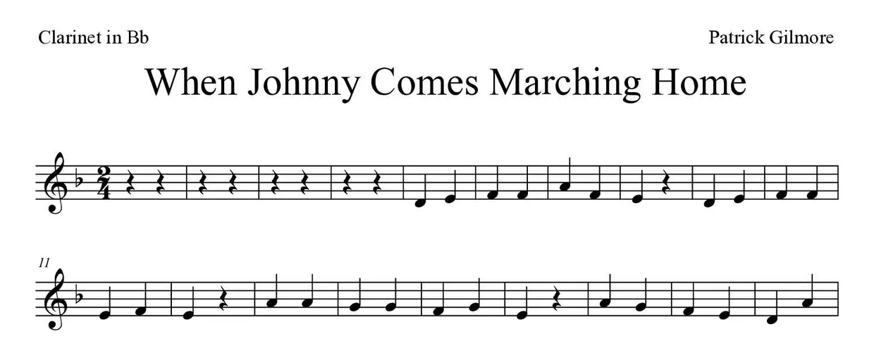 Noten von When Johnny Comes Marching Home für Klarinette (Einfach), erste Zeilen