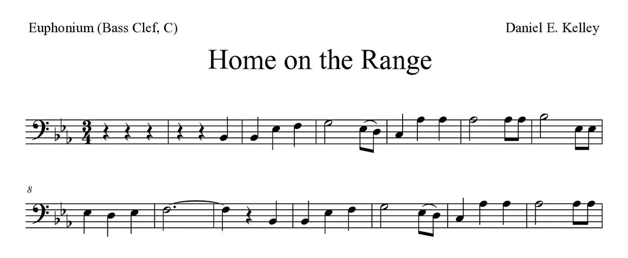 Sheet music of Home on the Range for euphonium (bass clef, C) (Easy), first lines
