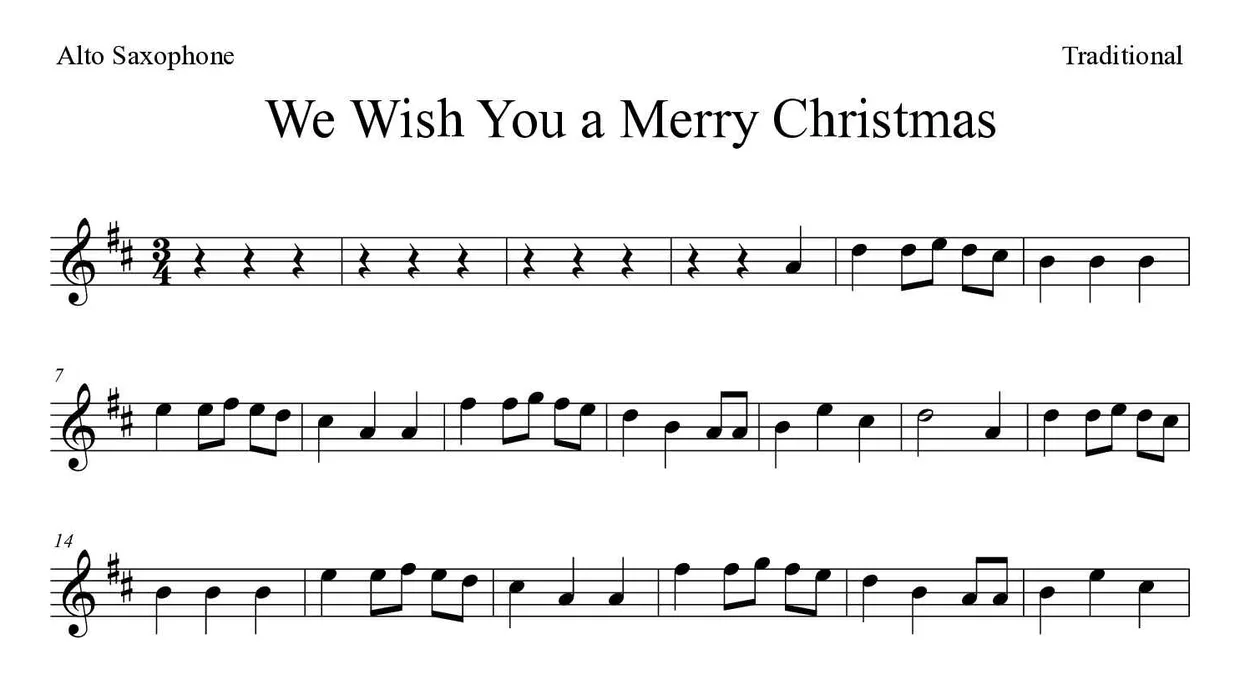 Partitura de We Wish You a Merry Christmas para alto saxofone, primeiras linhas