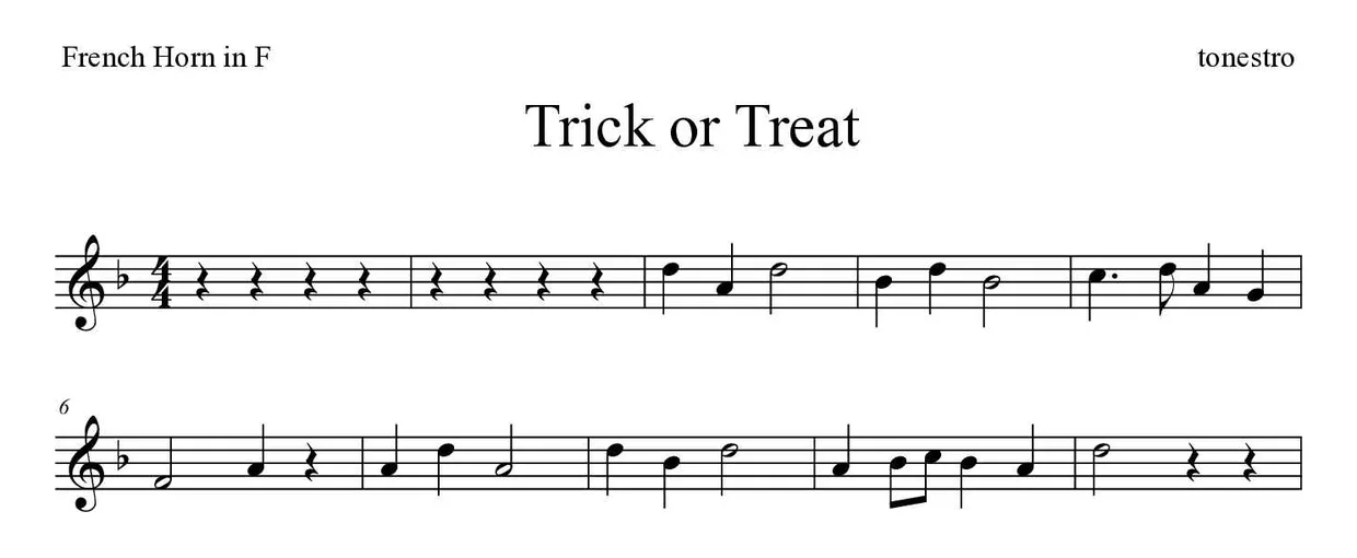 Sheet music of Trick or Treat for French horn (Easy), first lines