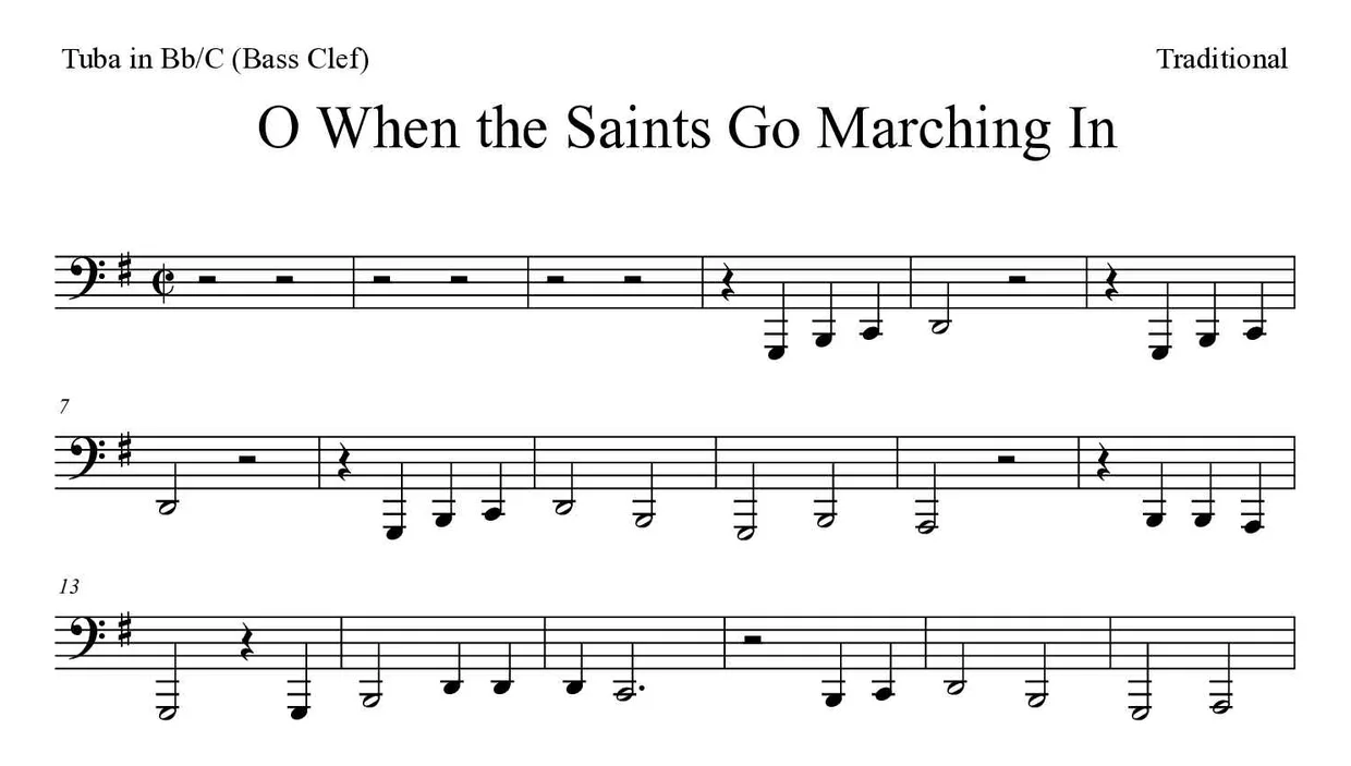 Partitura de O When the Saints Go Marching In para tuba em Sib/Do (clave de Fa), primeiras linhas