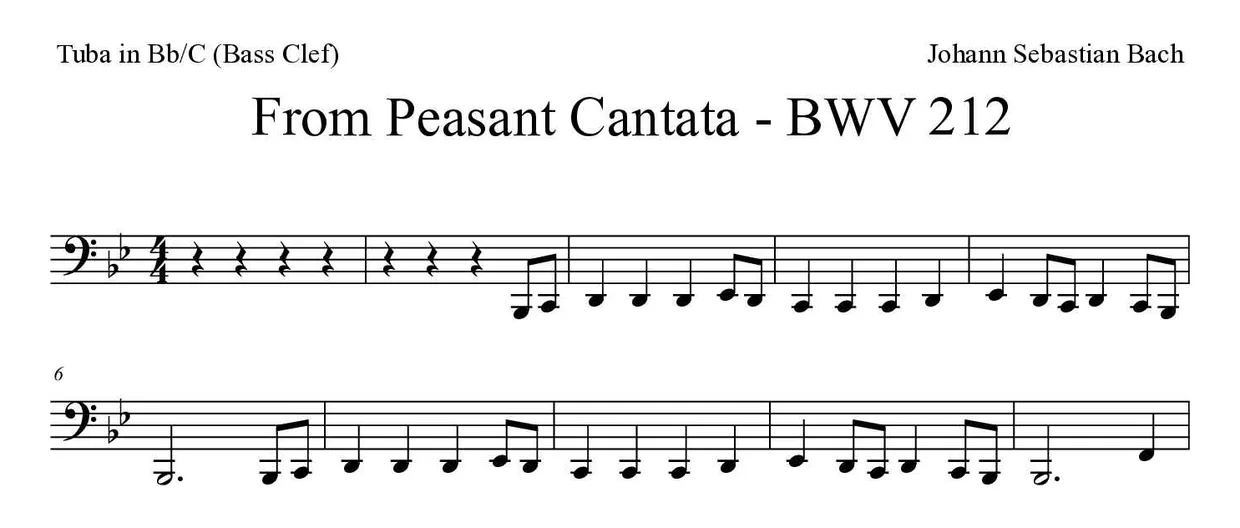 Partition de From Peasant Cantata - BWV 212 pour tuba en si bémol/do (clé de fa), premières lignes