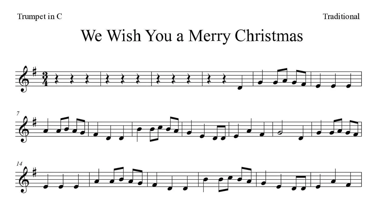 Spartito di We Wish You a Merry Christmas per trumpet in C, prime righe