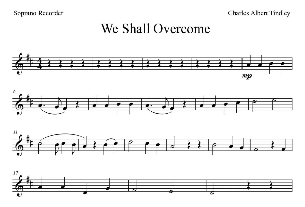 Partition de We Shall Overcome pour flûte à bec, premières lignes