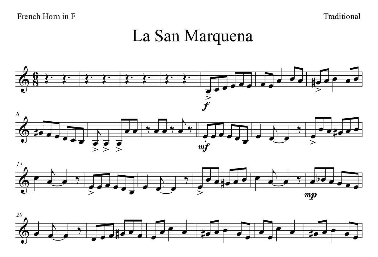 ‘La San Marquena’ French Horn 악보의 첫 몇 줄