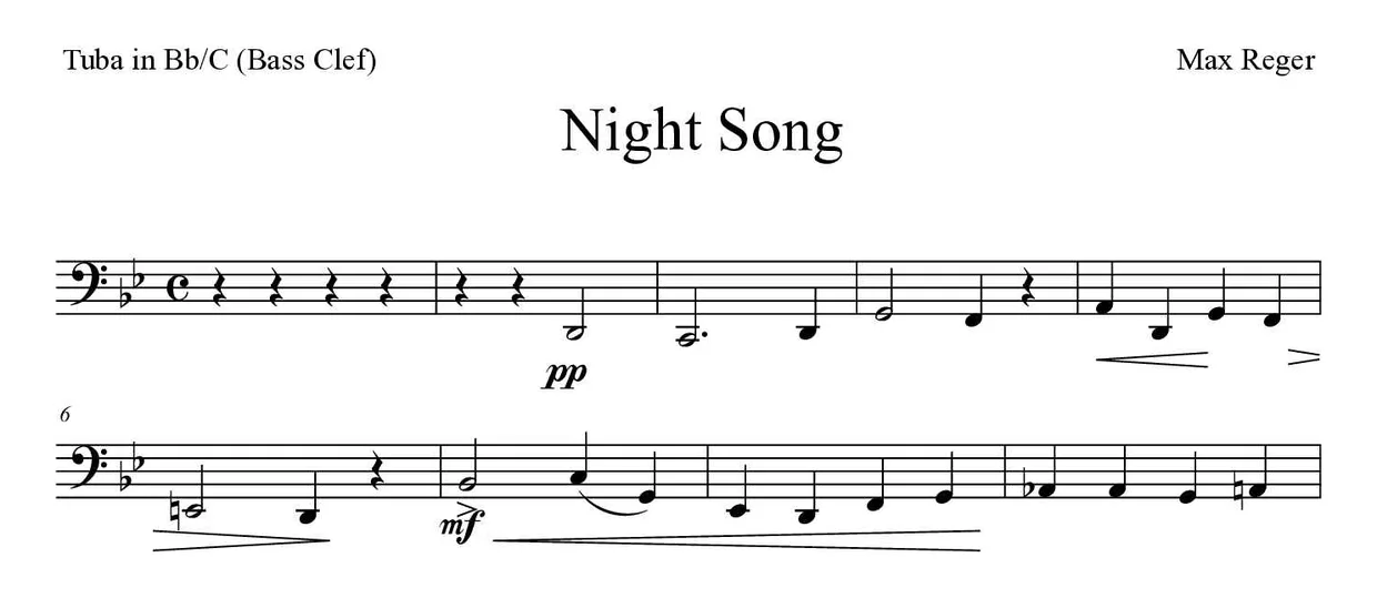 Partitura de Night Song para tuba em Sib/Do (clave de Fa), primeiras linhas