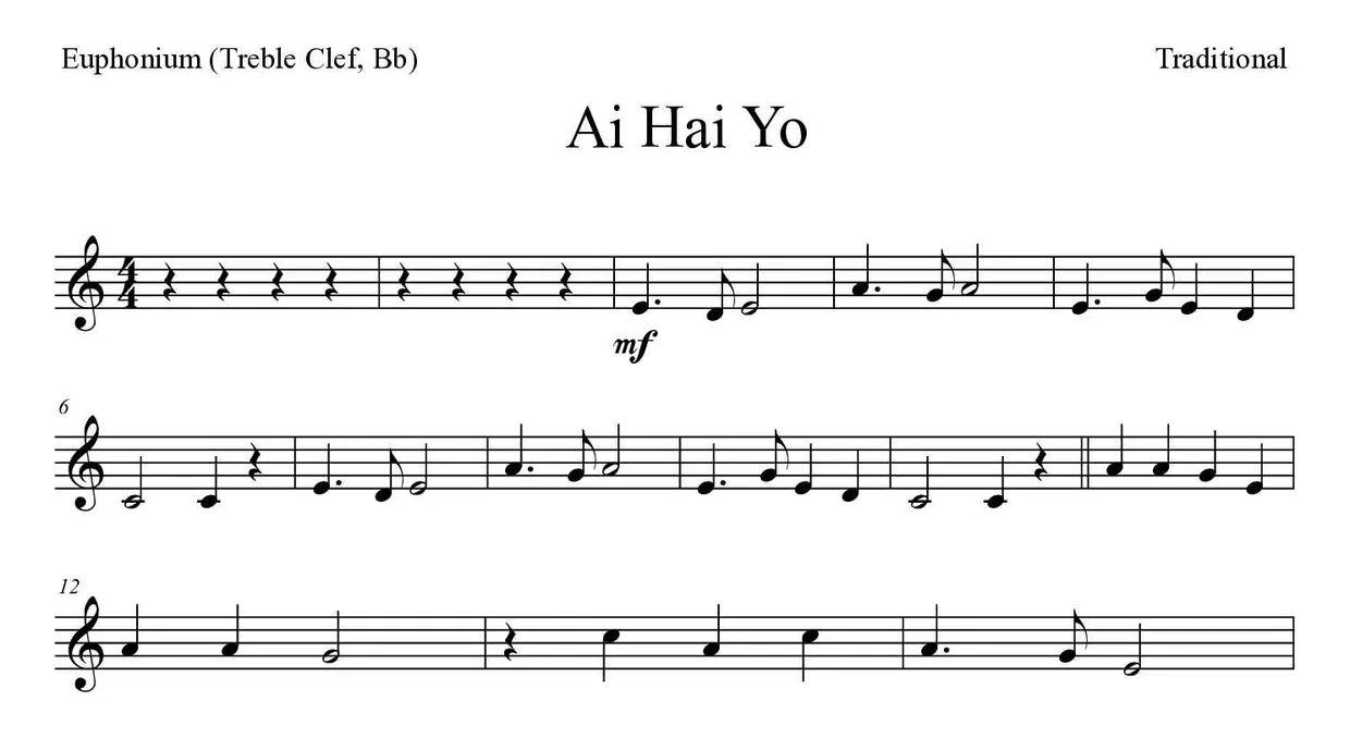 《Ai Hai Yo》上低音号（高音谱号，降B调）乐谱前几行