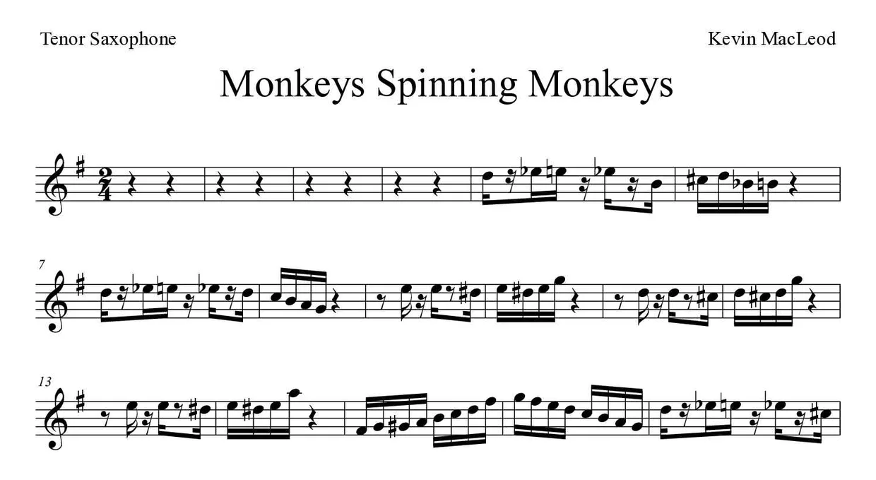 Sheet music of Monkeys Spinning Monkeys for tenor saxophone (Expert), first lines