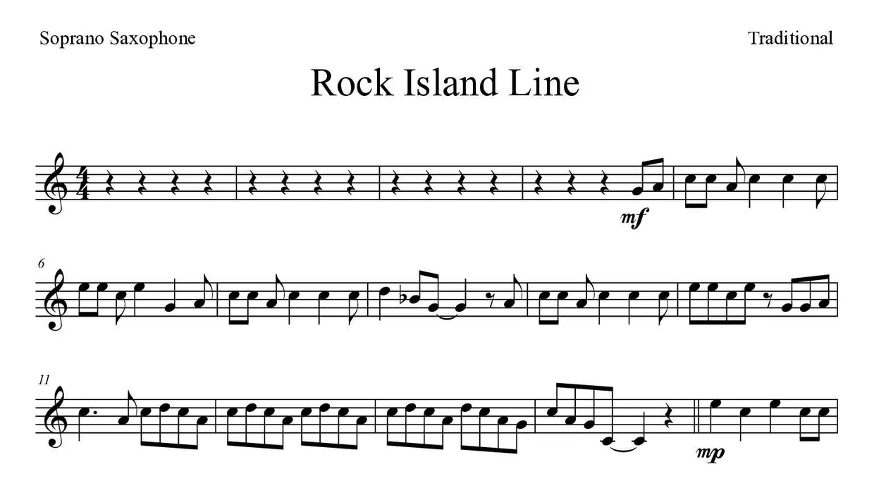 Spartito di Rock Island Line per soprano saxophone, prime righe