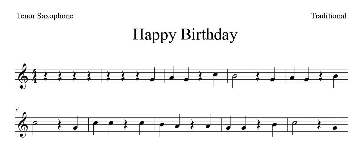 Sheet music of Happy Birthday for tenor saxophone (Easy), first lines