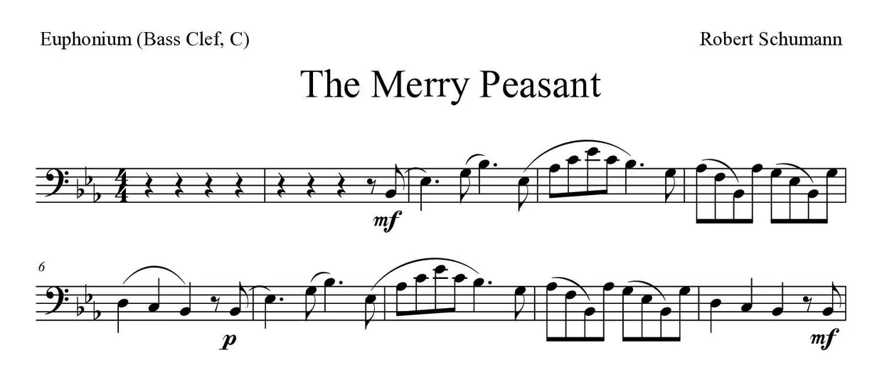 《The Merry Peasant》上低音号（低音谱号，C）乐谱前几行