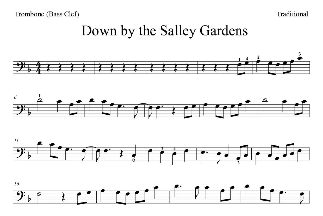 Noten von Down by the Salley Gardens für Posaune (Schwer), erste Zeilen