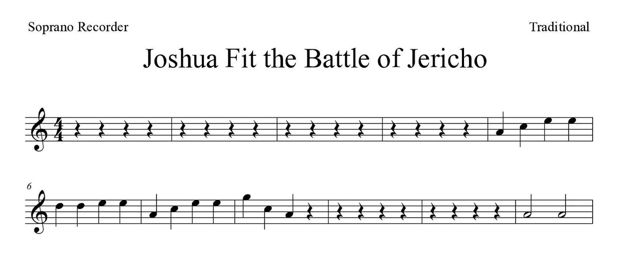 「Joshua Fit the Battle of Jericho」Recorder用楽譜の最初の数段
