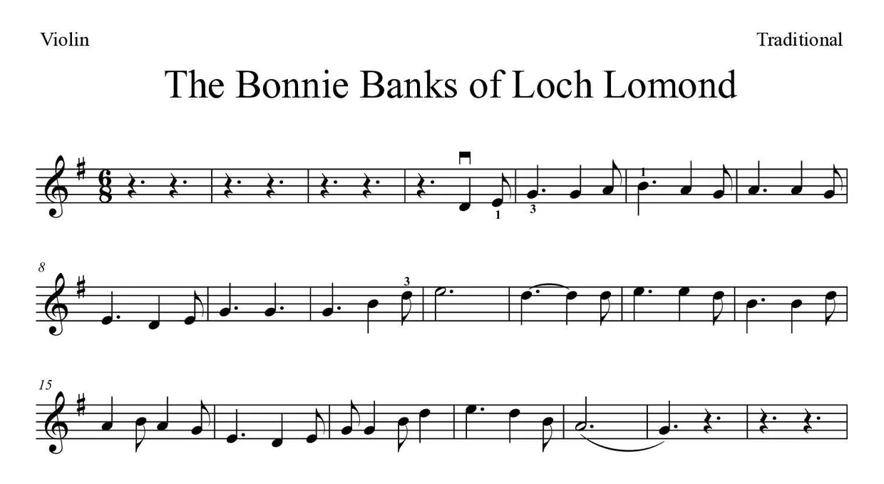Partitura de The Bonnie Banks of Loch Lomond para violino, primeiras linhas