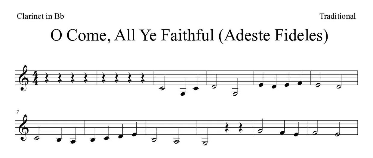 ‘O Come, All Ye Faithful (Adeste Fideles)’ Clarinet 악보의 첫 몇 줄
