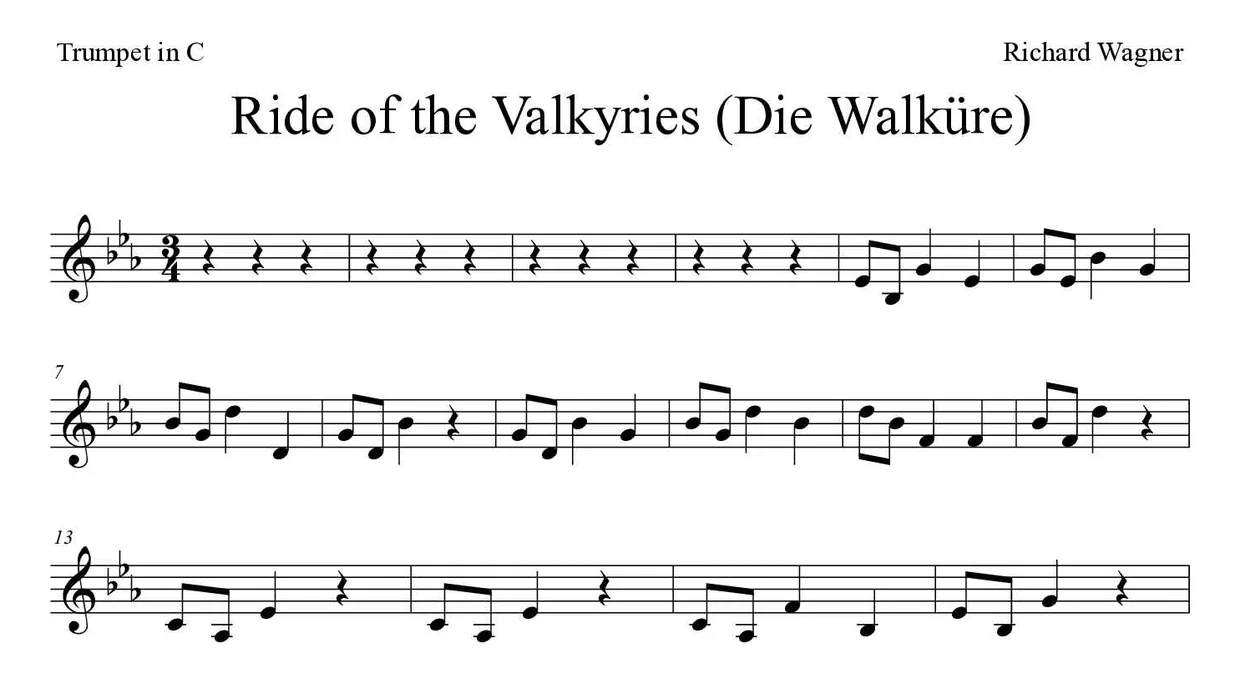 Noten von Ritt der Walküren für Trompete in C (Mittel), erste Zeilen