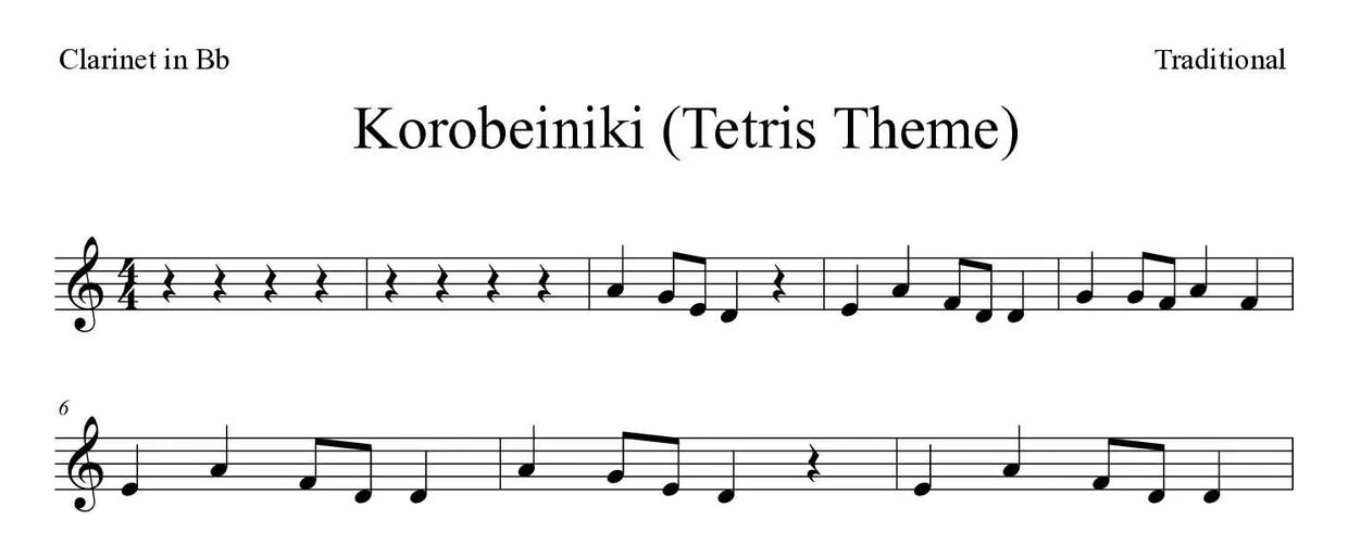 Partition de Korobeiniki (Tetris Theme) pour clarinette, premières lignes