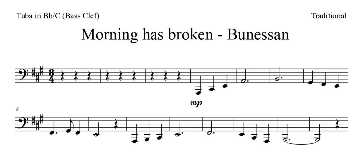 Partitura de Morning has broken - Bunessan para tuba em Sib/Do (clave de Fa), primeiras linhas