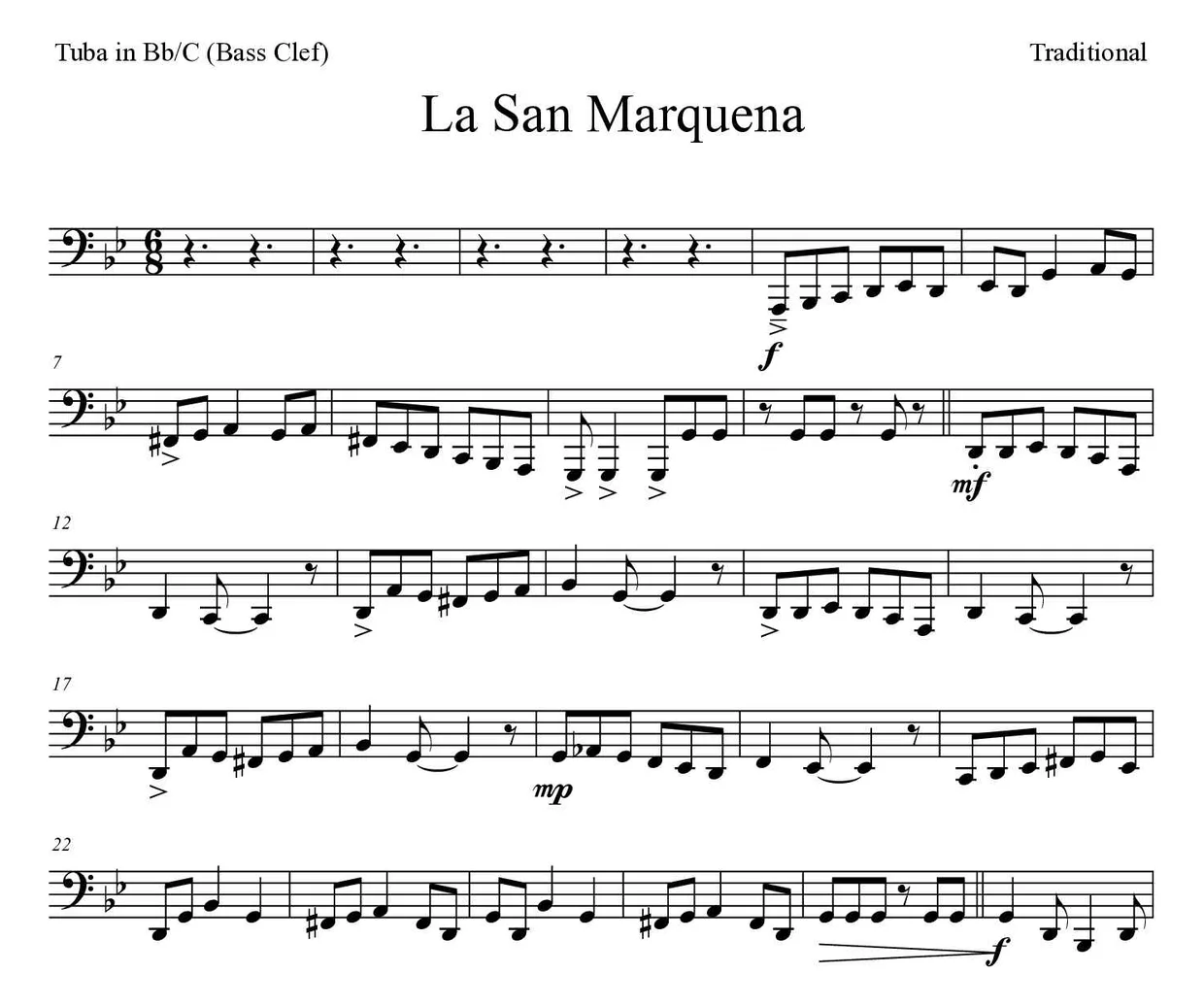 《La San Marquena》降B/C调大号（低音谱号）乐谱前几行