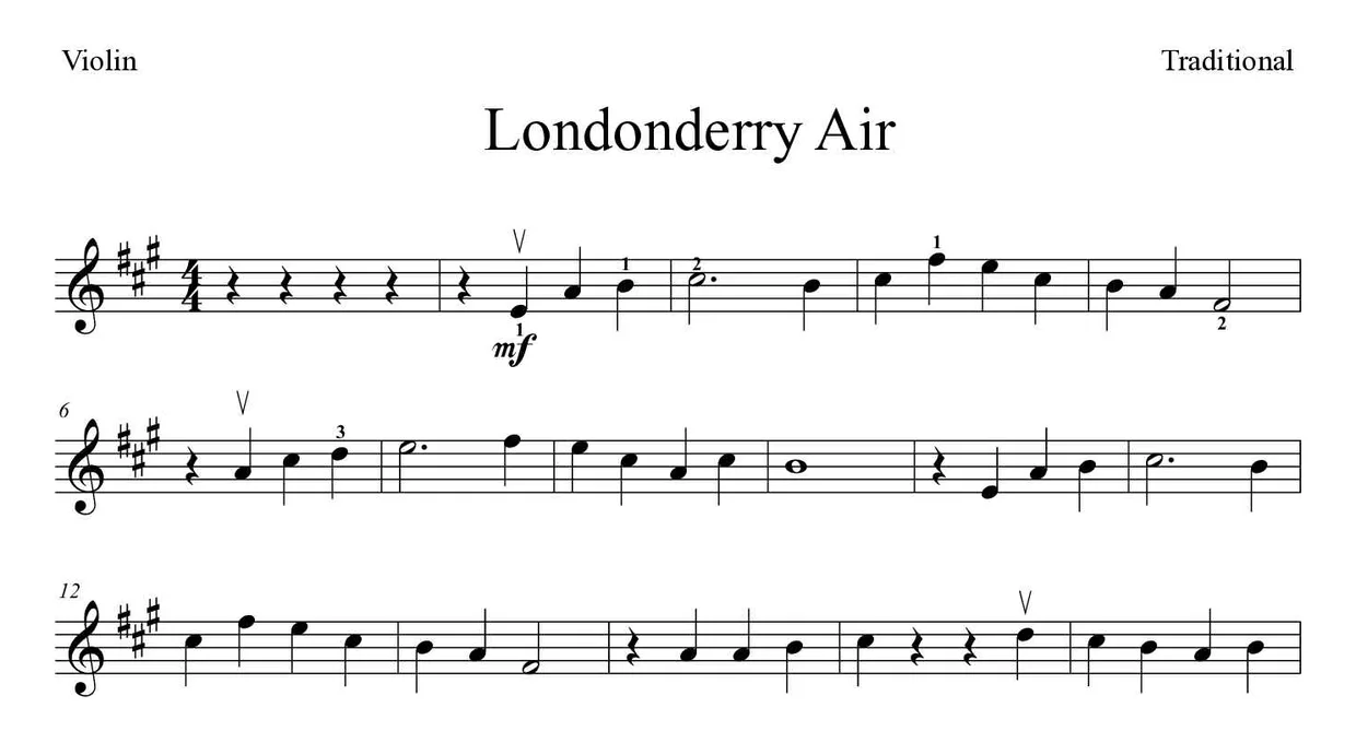 「Londonderry Air」Violin用楽譜の最初の数段