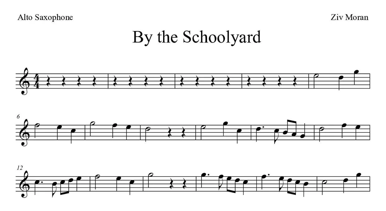 Bladmuziek van By the Schoolyard voor alto saxophone, eerste regels
