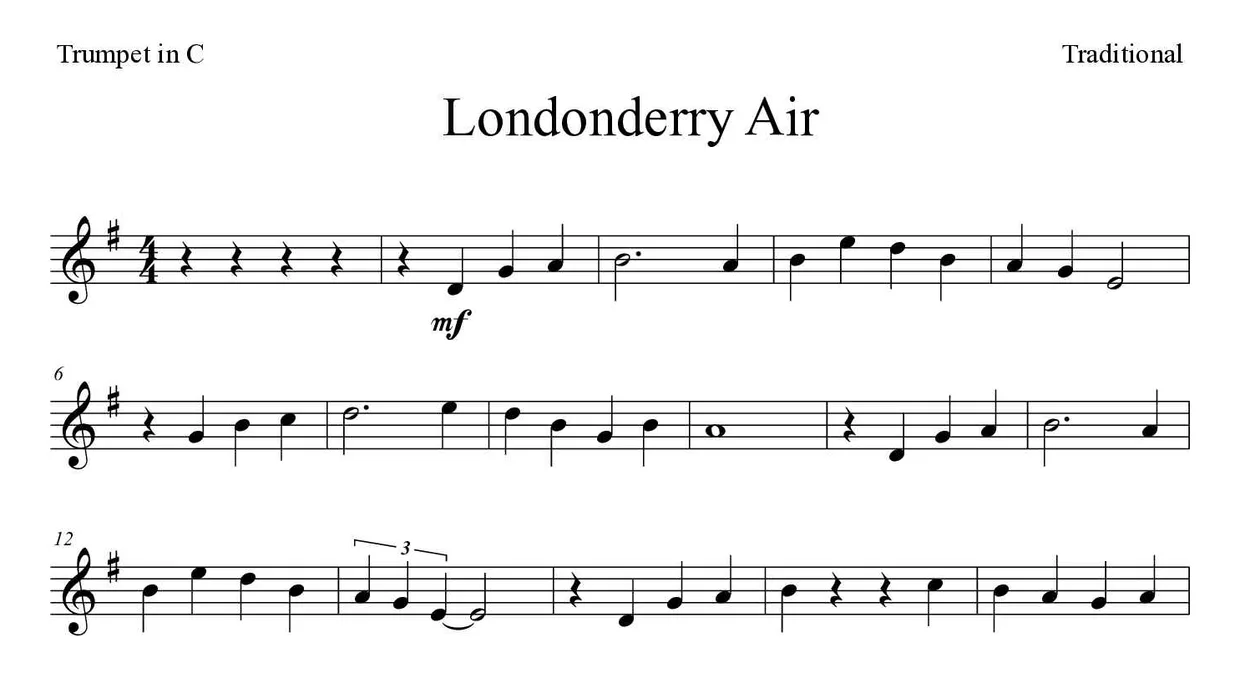 ‘Londonderry Air’ Trumpet in C 악보의 첫 몇 줄